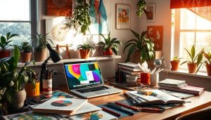 A vibrant workspace filled with creativity, featuring a cozy desk with a laptop open to a colorful design software, scattered sketchbooks, and art supplies. Sunlight streaming through a window onto wall art and plants, giving a warm and inviting atmosphere. Emphasize the feeling of productivity and inspiration in a freelance environment.