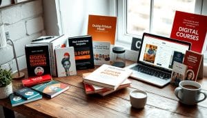 A visually appealing workspace showcasing a variety of digital product mockups, including eBooks, online courses, and graphic design templates, arranged neatly on a rustic wooden desk. Soft natural light streaming in from a nearby window, with a laptop displaying sales statistics in the background and a coffee cup beside the laptop, creating an inviting atmosphere of creativity and entrepreneurship.